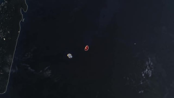 突出显示的毛里求斯深色地图，通过4K照片真实动画地球从太空放大，全景包括非洲、西欧和美国。史诗旋转的