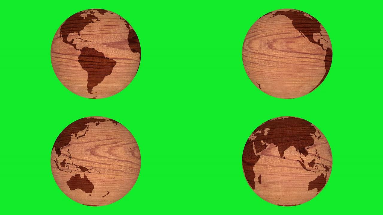 雪松木在绿色屏幕上旋转地球