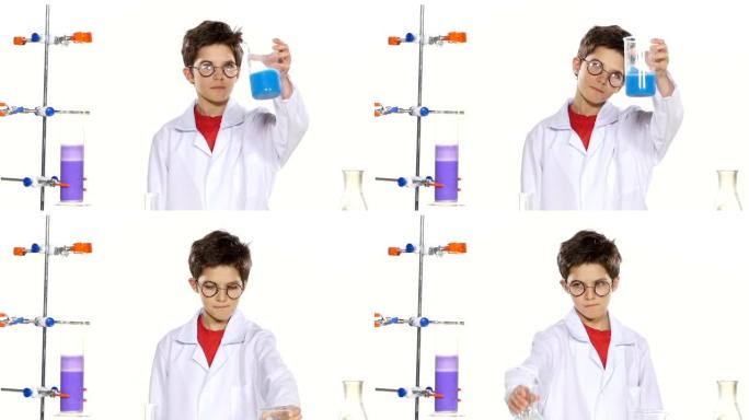 年轻的男孩化学家穿着制服，红色衬衫和圆形眼镜在实验室里在白色背景上做一些实验和奇迹，慢动作