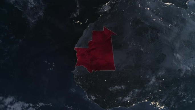 突出显示的毛里塔尼亚的黑色地图，通过4K照片真实动画地球从太空放大，全景包括非洲、西欧和美国。史诗旋