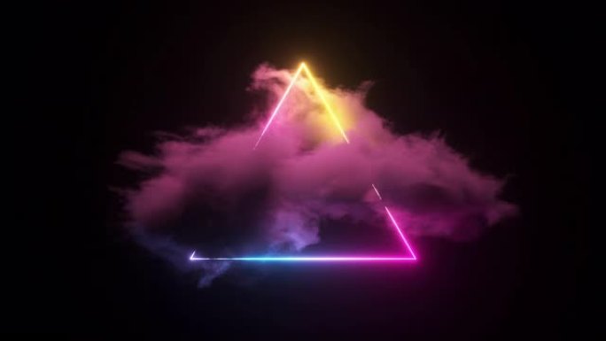 3d渲染，抽象最小背景，粉色蓝色霓虹三角形框架，带复制空间。照亮了三角形内的暴风云，明亮的几何形状。