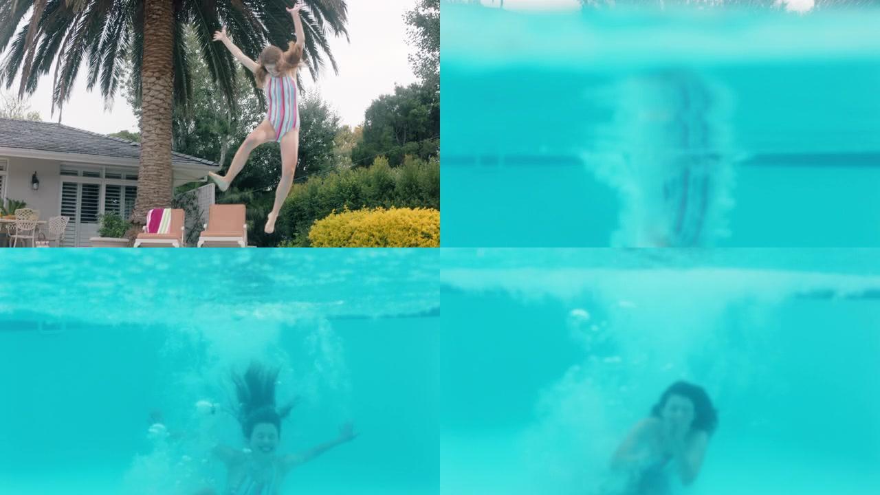 快乐的女人在温暖的夏日跳进游泳池，享受夏日快乐的暑假水下景观4k镜头