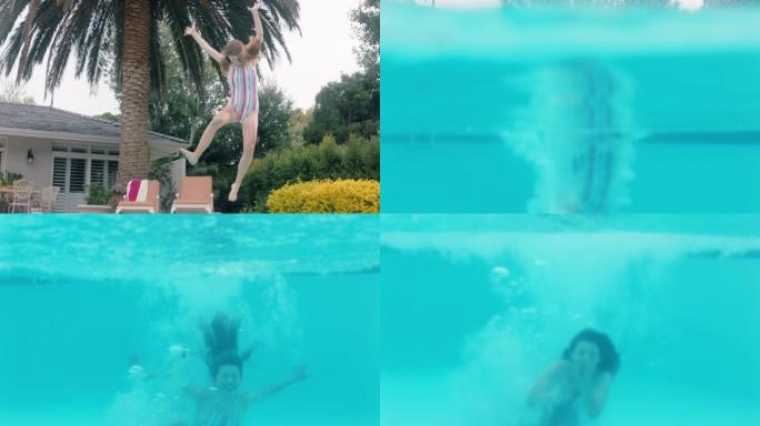 快乐的女人在温暖的夏日跳进游泳池，享受夏日快乐的暑假水下景观4k镜头