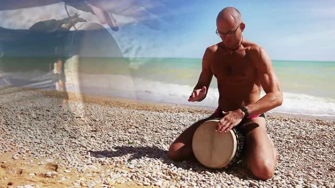 Djembe鼓手在海滩上击败rythm