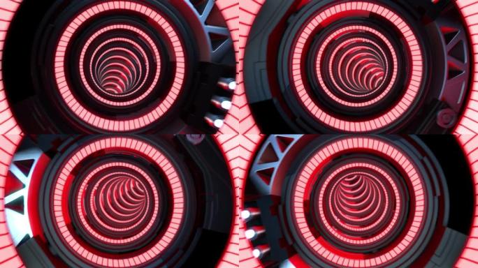 圆形无限环管隧道3D背景，发光霓虹灯发光二极管抽象动画螺旋运动催眠漩涡效果，视错觉插图，抽象动画催眠