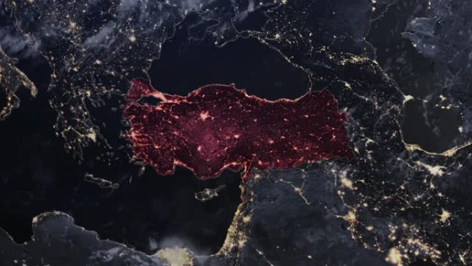 突出显示的t ü rkiye/土耳其的黑暗地图，通过4k照片真实的动画地球仪从空间放大，全景包括亚洲