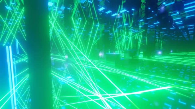 高科技霓虹灯科幻tunel。时尚的霓虹灯辉光线在镜面隧道中形成图案和结构。激光表演在技术网络空间中飞