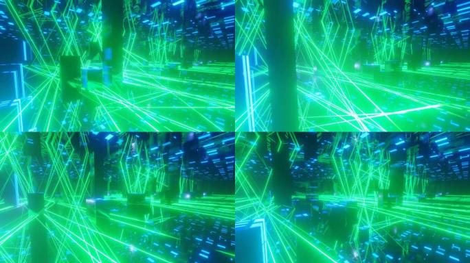 高科技霓虹灯科幻tunel。时尚的霓虹灯辉光线在镜面隧道中形成图案和结构。激光表演在技术网络空间中飞