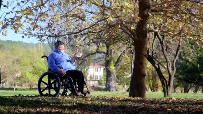 在公园坐轮椅的残疾高级妇女