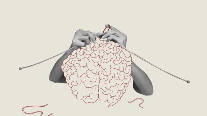 人类的手编织大脑。不断增长的心理和情绪稳定。抽象设计。停止动作，动画。