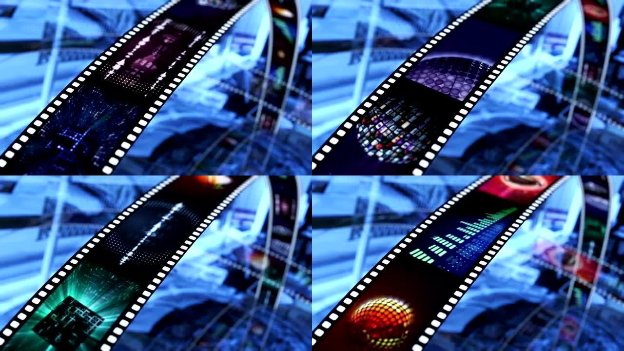 动画旋转电影卷轴。黑色、蓝色和红色