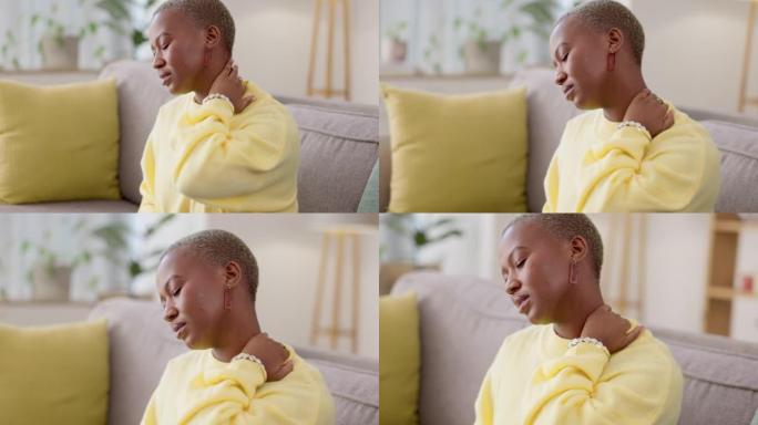 压力，紧张和黑人妇女颈部疼痛的倦怠，事故或疲劳在沙发上。按摩，疲倦和非洲女孩感到肌肉疼痛，炎症问题或