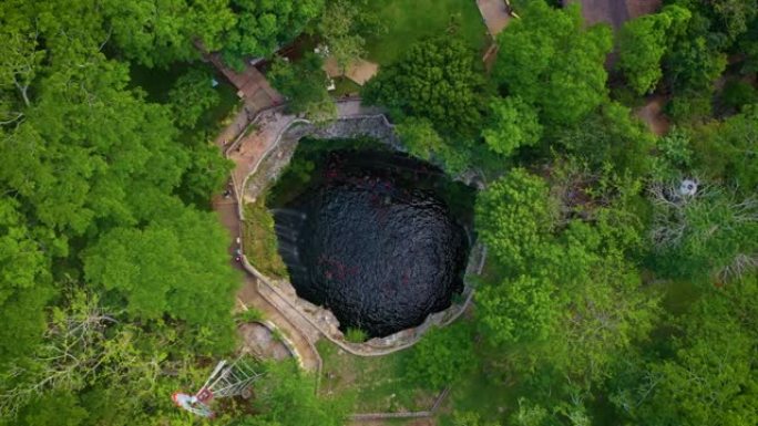 墨西哥巴利亚多利德cenote Saamal的鸟瞰图。人们在cenote休息和游泳。
cenote中