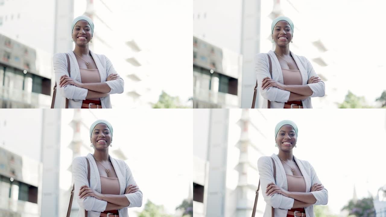 商业中的黑人女性，户外的面孔和领导力，微笑的城市成功，自信的双臂交叉。肯尼亚公司、职业心态和城市街道