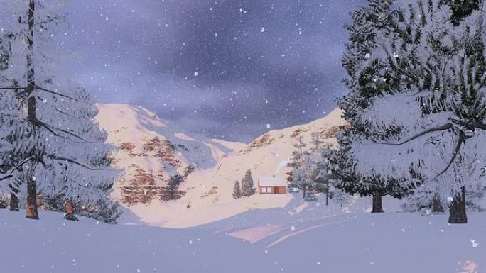 日出时雪山中的房子