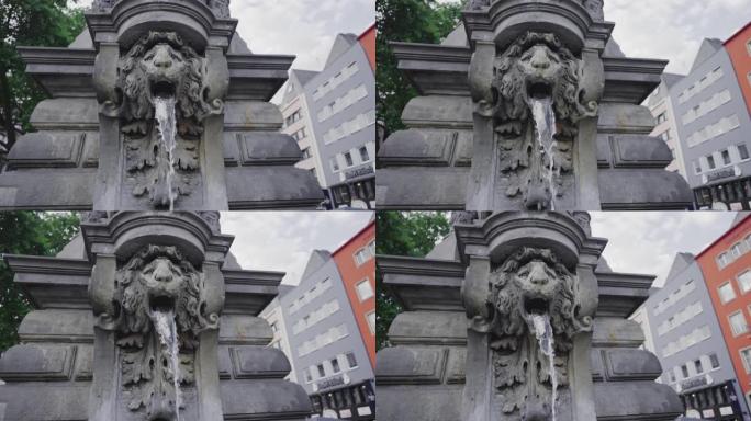 狮子头老市场喷泉 (Alter Markt) 的细节。德国北莱茵威斯特法伦州科隆历史集市广场