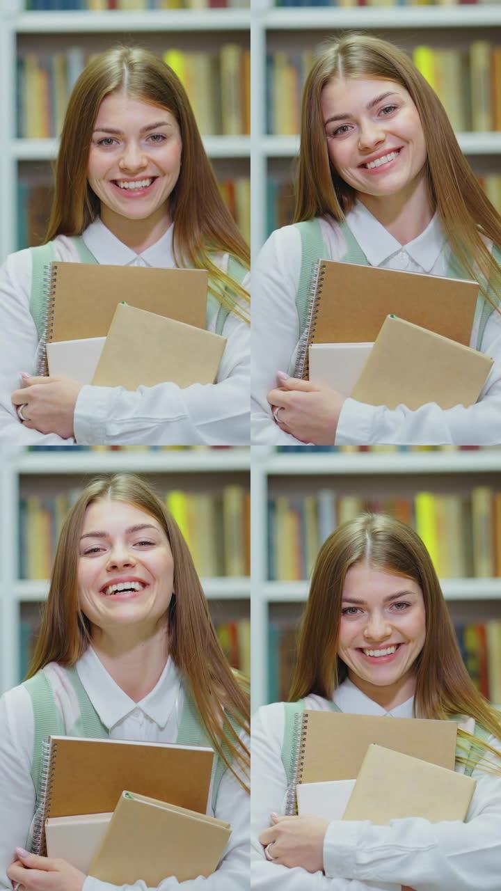 垂直屏幕: 学生拿着书在图书馆大笑