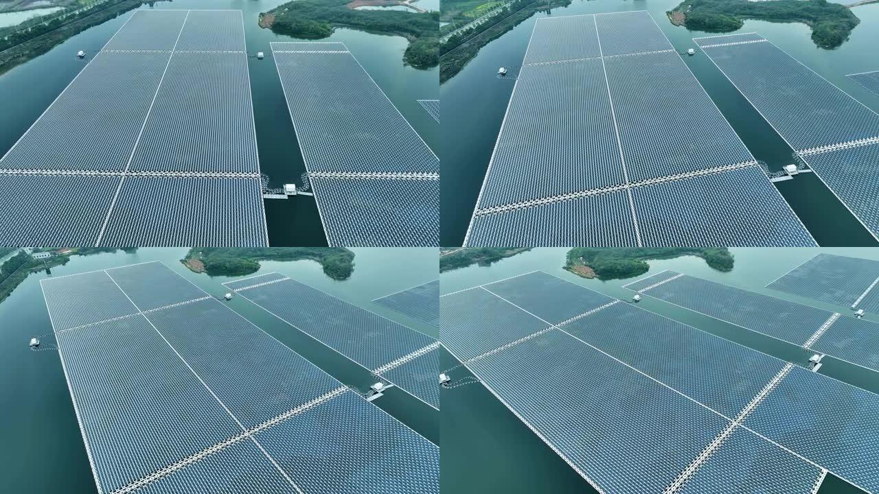 漂浮在湖中的太阳能电池板的鸟瞰图