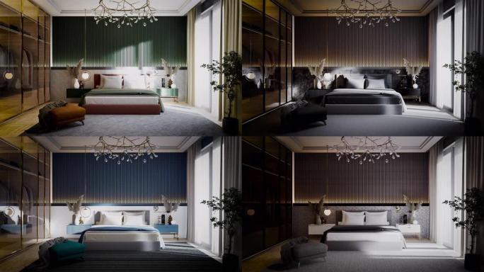 3D渲染动画循环。现代且最小的卧室装饰，以不同的颜色呈现相同的内部，并带有不断变化的装饰和装饰材料。