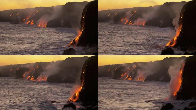 炽热的基拉韦厄熔岩落下的海浪
