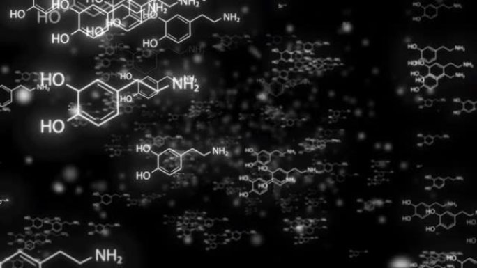 化学结构背景。化学式结构移动动画。相机飞行通过化学配方结构保健医学背景，多巴胺排毒结构背景