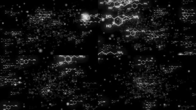 化学结构背景。化学式结构移动动画。相机飞行通过化学配方结构保健医学背景，多巴胺排毒结构背景