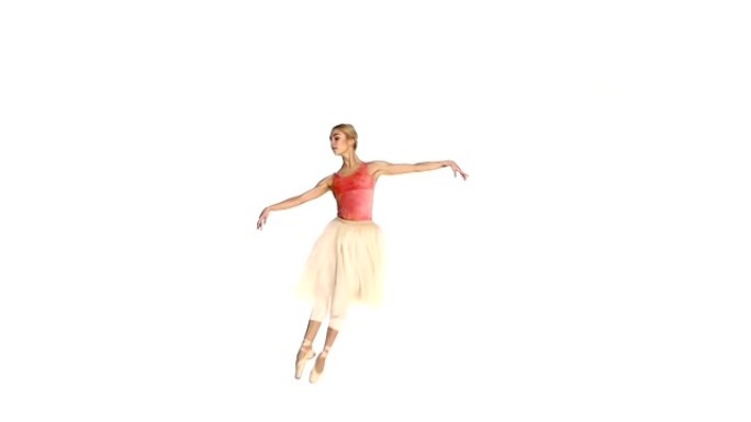 芭蕾舞演员制作舞蹈技巧，转口，白色背景，慢动作