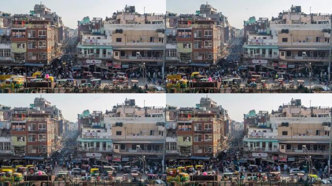 印度旧德里Chandni Chawk市场周围街道上的人流和交通时光倒流
