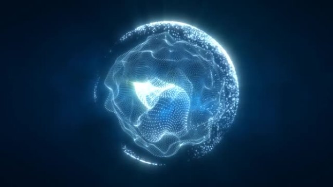 抽象蓝色循环能量球，来自黑暗背景上神奇发光的粒子和波，视频4k，60 fps