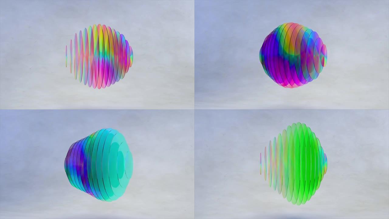 抽象概念。透明的彩色圆盘球体在波状运动中改变颜色。彩虹。分离。转。