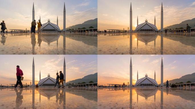 费萨尔清真寺的延时日落场景巴基斯坦伊斯兰堡著名旅游地点