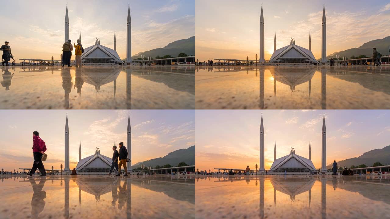 费萨尔清真寺的延时日落场景巴基斯坦伊斯兰堡著名旅游地点