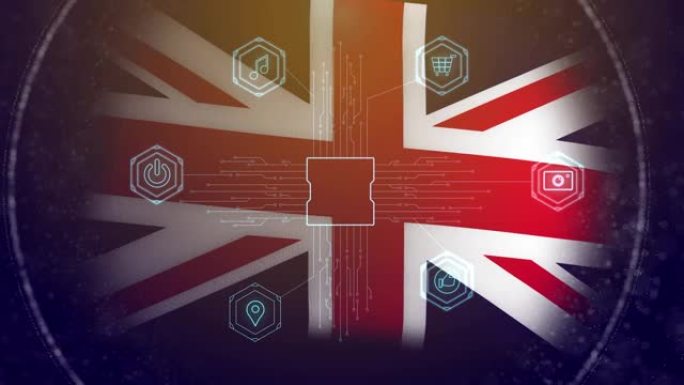计算机图形示意人工智能进入人脑，在英国国旗的背景上有象征思维过程的图标。保护信息和经济