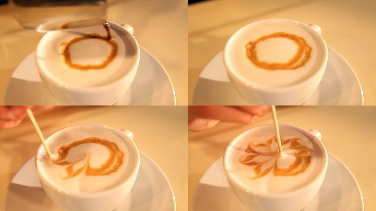 咖啡师用咖啡在牛奶上画画