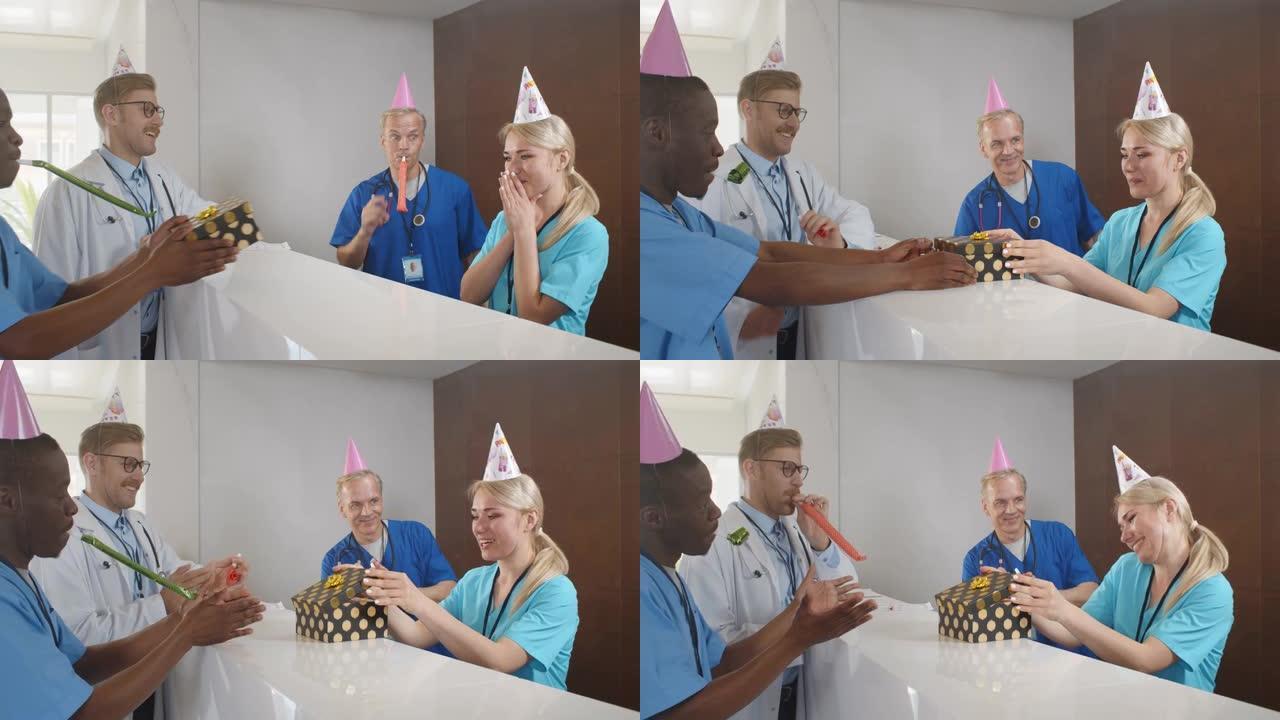 医疗队祝贺并庆祝年轻女护士生日