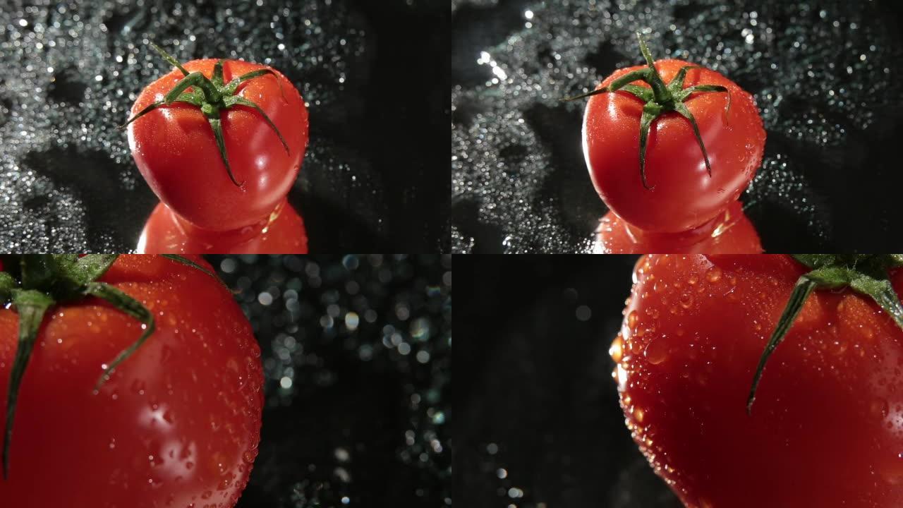 深色背景上的新鲜红番茄特写和主镜头