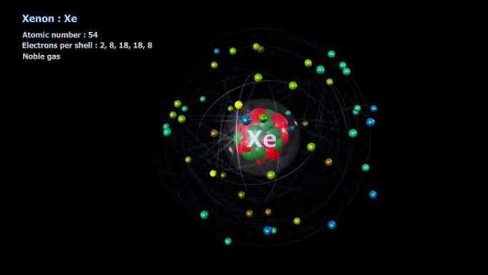 具有54个电子的氙原子在黑色上无限轨道旋转