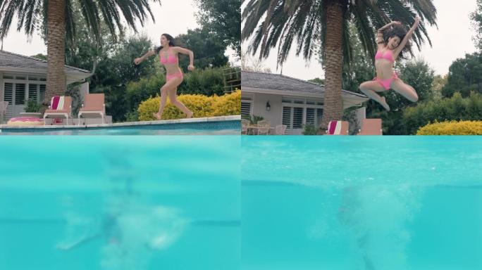 美丽的女人跳进游泳池溅水下玩得开心暑假享受夏天穿着粉色比基尼4k镜头