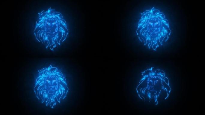 在空的黑色背景上孤立的蓝色发光霓虹灯狮子图标的动画