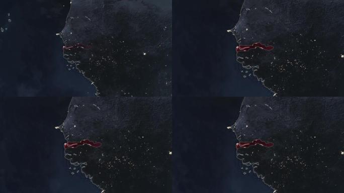 突出显示的冈比亚黑暗地图，通过4K照片真实动画地球从太空放大，全景包括非洲、西欧和美国。史诗旋转的世