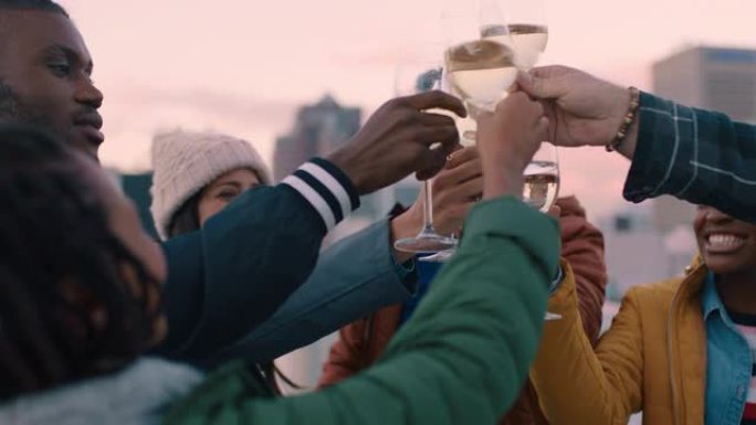 欢快的朋友群享受屋顶派对庆祝活动喝香槟做吐司有趣的社交聚会在日落时庆祝友谊的周末