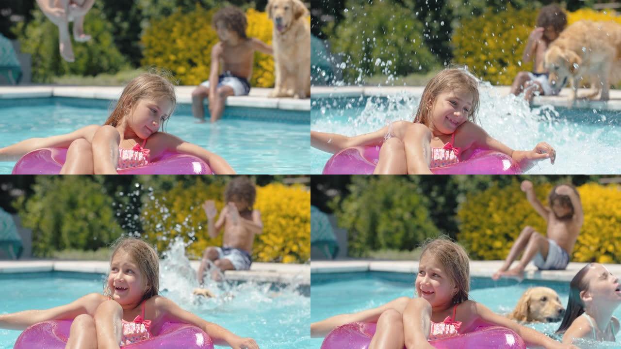 有趣的小女孩跳进游泳池，把朋友溅到游泳管上，顽皮的狗和孩子们玩得开心，享受夏日4k