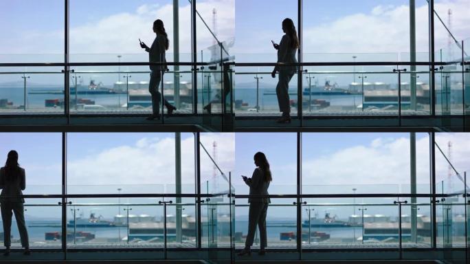 商务女性使用智能手机短信浏览电子邮件公司高管在大厅等待港口4k镜头