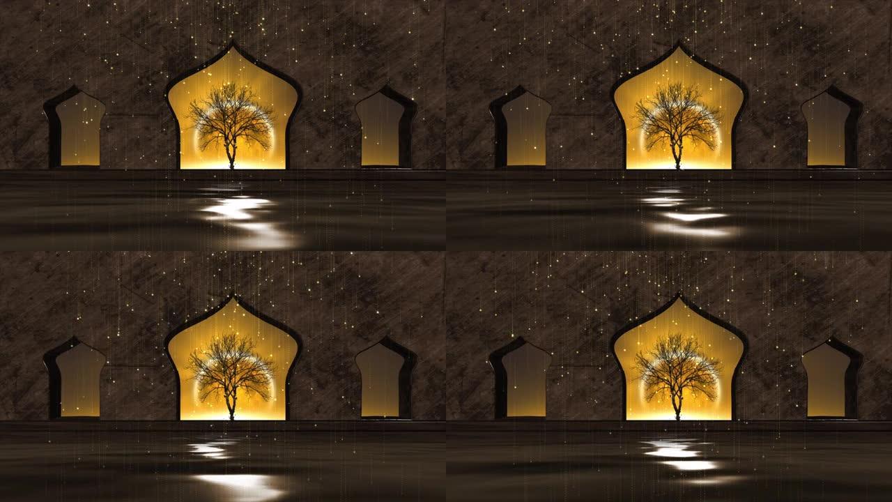 海边清真寺的一扇门，背景是照片和月亮