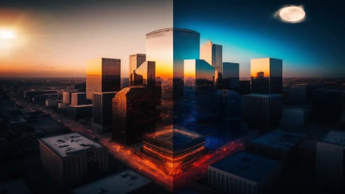 城市摩天大楼的3D渲染动画分为白天和夜间