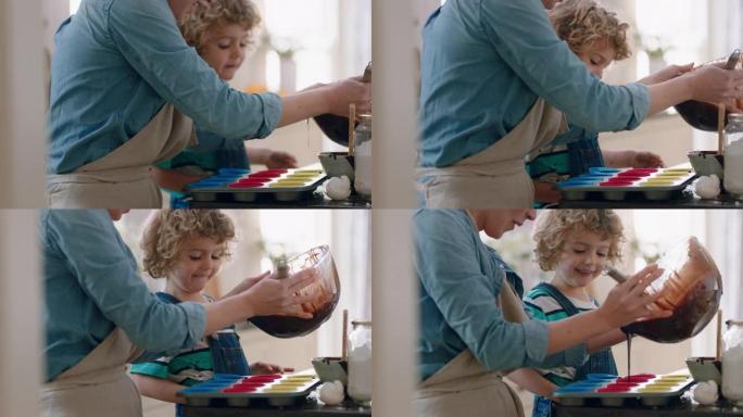 小男孩帮助母亲在厨房烘烤，将面团倒入烤盘中，在家中准备自制的纸杯蛋糕食谱