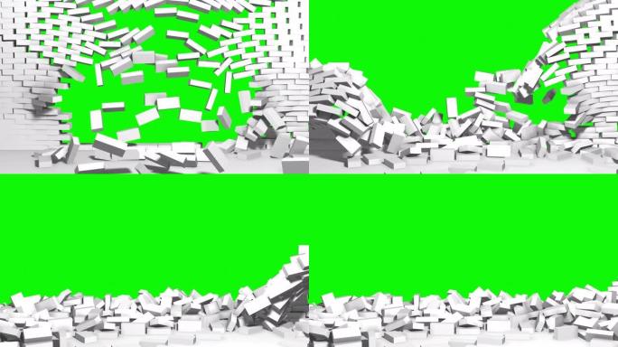 绿色色度关键背景中的白色砖墙爆炸