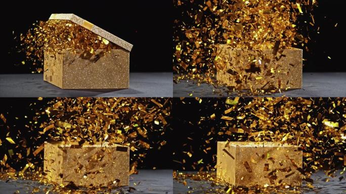 闪闪发光的金色盒子的SLO MO LD盖子开口和五彩纸屑爆裂