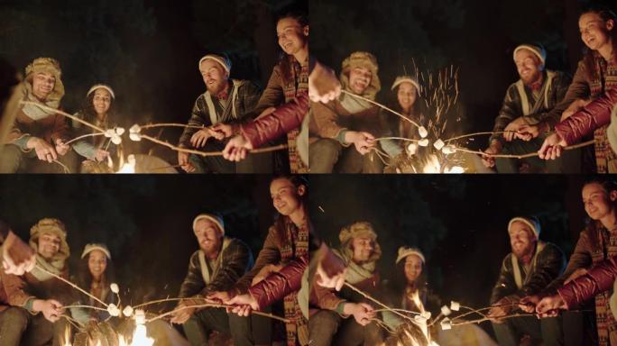 一群朋友坐在篝火旁烤棉花糖聊天分享故事晚上在森林里露营享受户外冒险