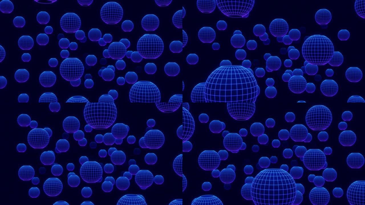 蓝色渐变霓虹灯3D球体网格粒子动画背景